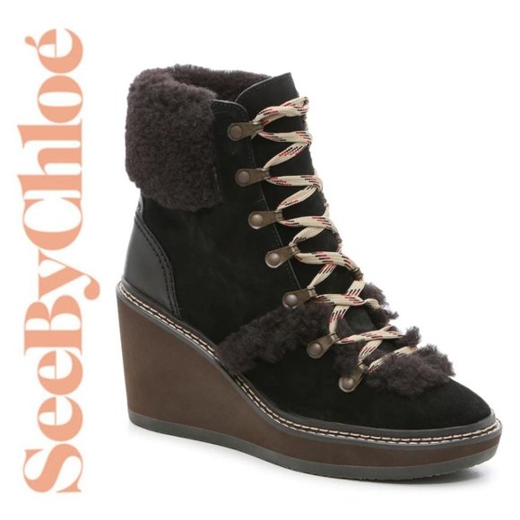 See By Chloe Shoes - See by Chloe $420 NIB 9.5 Shearling-Lined Wedge Hiker Booties Black Snow 40